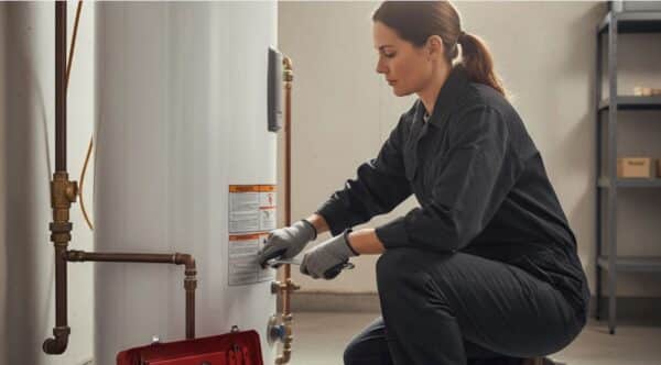 Junge Klempnerin repariert eine Heizung im Keller