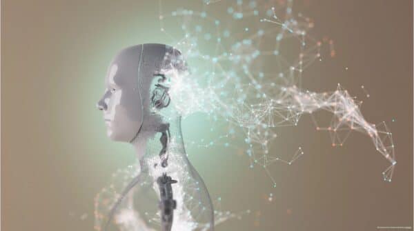 Grafik mit humanoiden Roboter mit nach hinten schindenen Gehirn in Form von Netzen mit Punkten